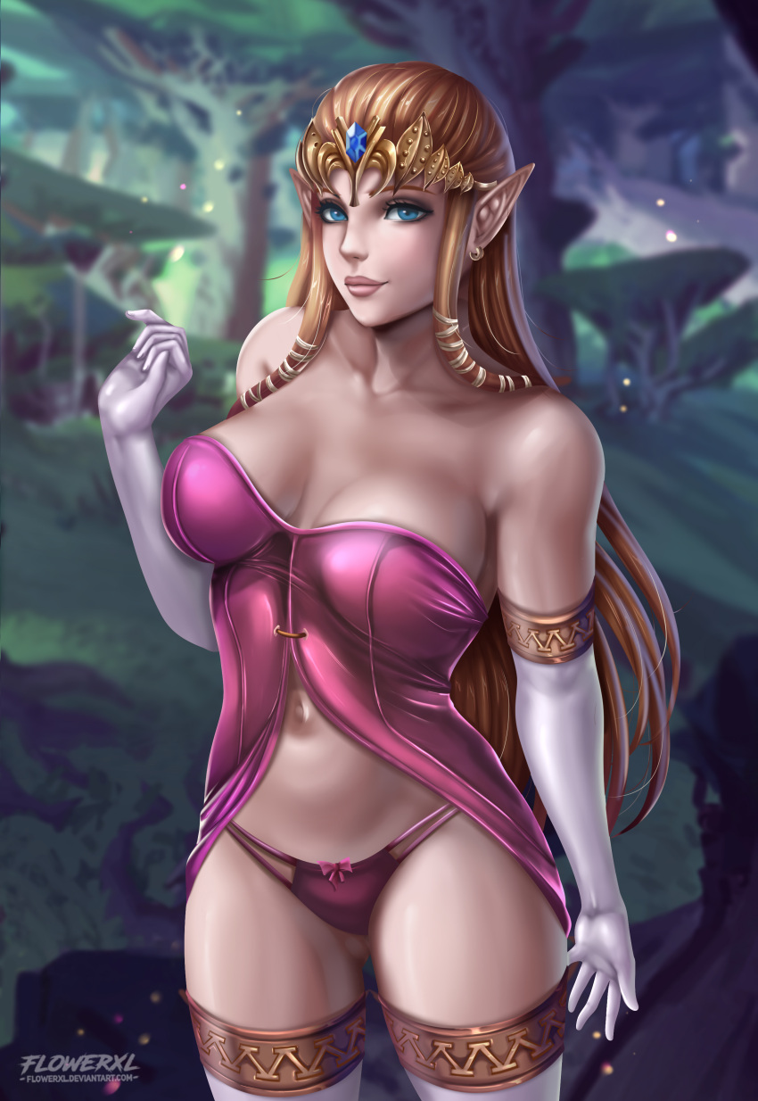 1girl 1girl absurd_res alluring babydoll big_breasts brown_hair cleavage crown dress female_focus flowerxl gloves high_res jewelry lingerie long_hair looking_at_viewer nintendo panties princess_zelda purple_dress socks stockings the_legend_of_zelda the_legend_of_zelda:_twilight_princess underwear video_game_character