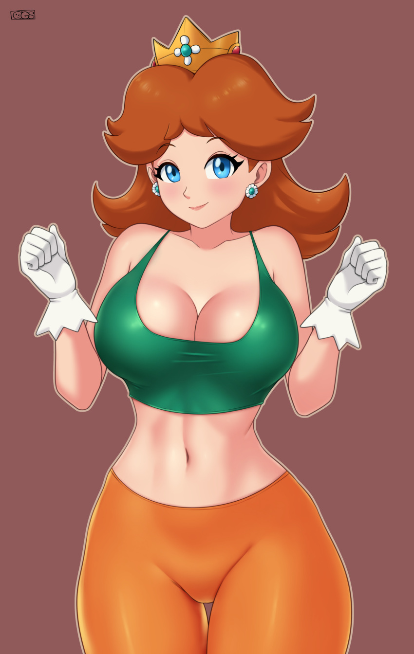 1girl 1girl absurd_res alluring big_breasts blue_eyes brown_hair cleavage crown earrings flower_earrings gloves gummslime high_res jewelry leggings looking_at_viewer mario_(series) midriff navel nintendo princess_daisy smile super_mario_bros. thigh_gap thighs tomboy