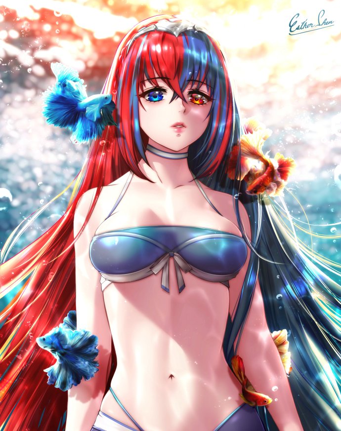 1girl 1girl alear_(female)_(fire_emblem) alear_(fire_emblem) alluring alternate_costume bikini blue_bikini blue_eyes blue_hair braid crossed_bangs crown_braid esther_shen fire_emblem fire_emblem_engage heterochromia medium_breasts multicolored_hair nintendo red_eyes red_hair split-color_hair swimsuit tiara two-tone_hair