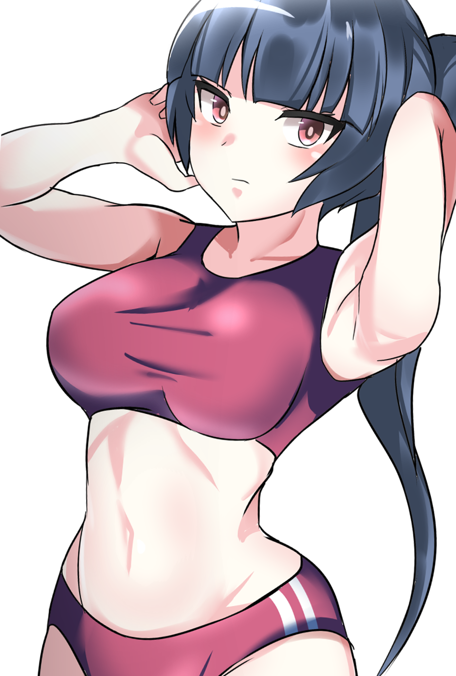 1girl 1girl alluring alternate_costume alternate_hairstyle bare_shoulders big_breasts blunt_bangs bra buruma collarbone commentary_request creatures_(company) game_freak high_res long_hair midriff natsume_(pokemon) navel nintendo pokemon pokemon_frlg ponytail red_bra red_buruma sabrina sabrina_(pokemon) simple_background sports_bikini sumida_kichi track_uniform underwear white_background