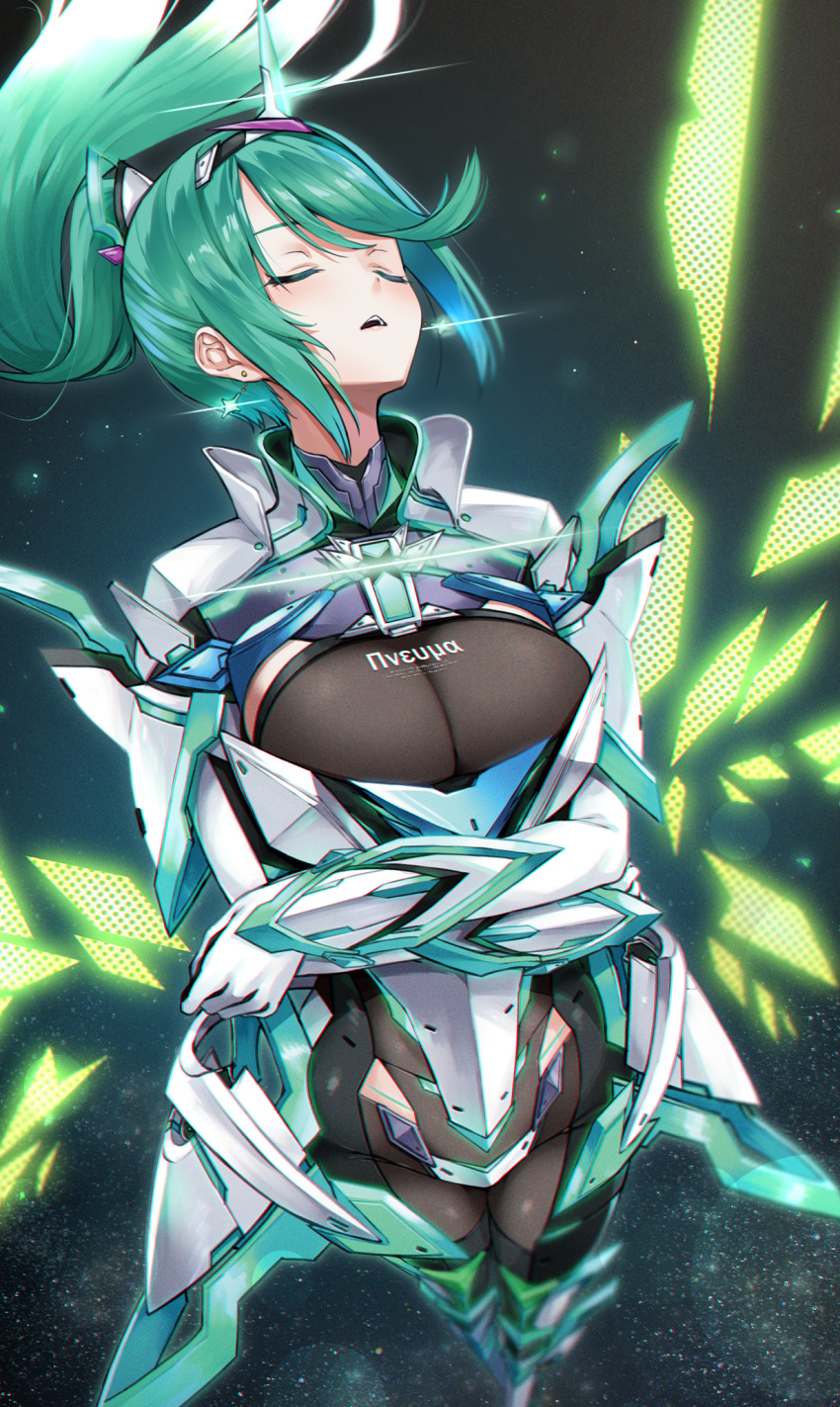 1girl 1girl alluring armor big_breasts chest_jewel cleavage earrings gem gloves green_hair hair_ornament headpiece high_ponytail high_res jewelry long_hair nintendo pneuma_(xenoblade) ponytail simple_background swept_bangs tiara very_long_hair xenoblade_(series) xenoblade_chronicles_2 yuuki_shin