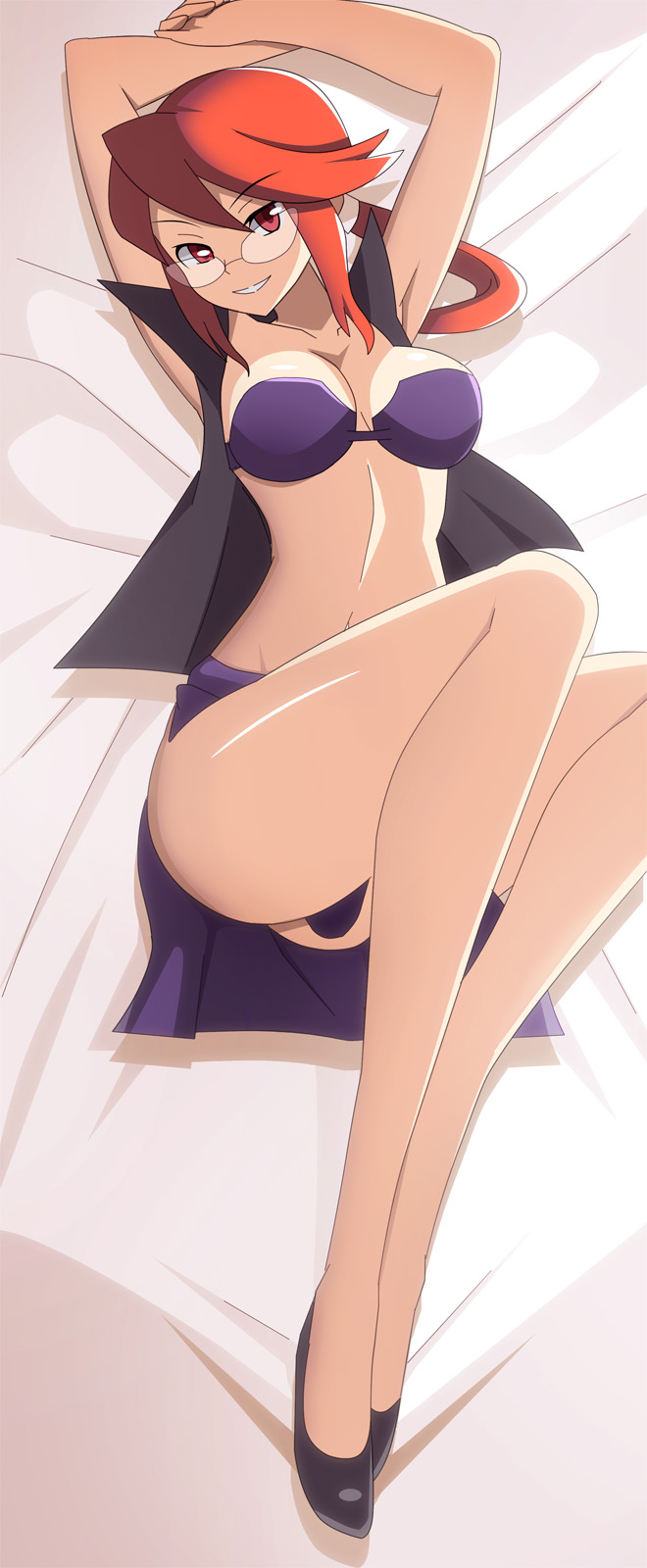 1girl 1girl alluring arms_up ass bare_legs bra creatures_(company) elite_four female_focus game_freak glasses hair_ornament high_heels high_res long_legs looking_at_viewer lorelei lorelei_(pokemon) lying miniskirt nintendo open_clothes open_shirt pencil_skirt pokemon pokemon_frlg ponytail red_eyes red_hair skirt smile strapless strapless_bra underwear vivivoovoo