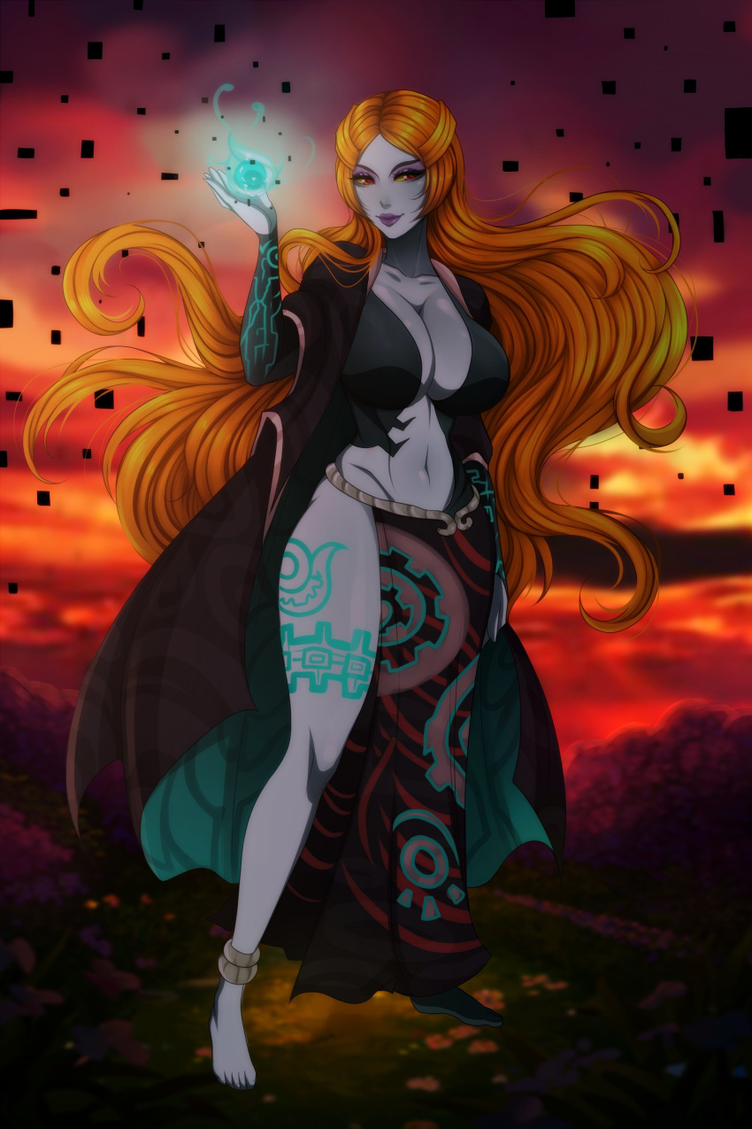 1girl absurd_res absurdres alluring anklet barefoot cleavage colored_sclera colored_skin eyeshadow female_focus full_body high_res highres jewelry large_breasts law-zilla lipstick long_hair makeup midna midna_(true) multicolored_skin navel nintendo orange_hair red_eyes solo the_legend_of_zelda the_legend_of_zelda:_twilight_princess twili_midna two-tone_skin very_long_hair yellow_sclera