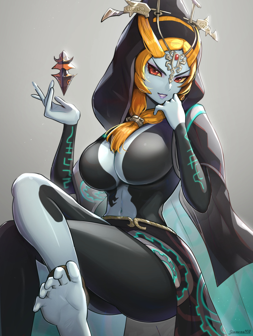 1girl absurd_res alluring barefoot big_breasts colored_sclera colored_skin eyeshadow female_focus floating gonzarez high_res lipstick long_hair looking_at_viewer makeup midna midna_(true) multicolored_skin navel nintendo orange_hair red_eyes the_legend_of_zelda the_legend_of_zelda:_twilight_princess twili_midna two-tone_skin yellow_sclera