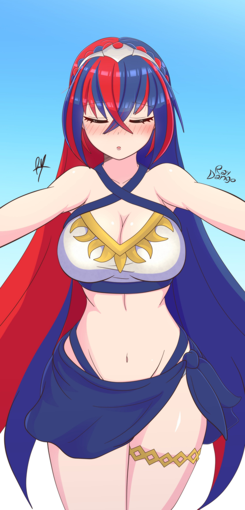 1girl alear_(female)_(fire_emblem) alear_(fire_emblem) alluring alternate_costume big_breasts bikini cleavage closed_eyes female_only fire_emblem fire_emblem_engage nintendo pareo raydango red_and_blue_hair swimsuit