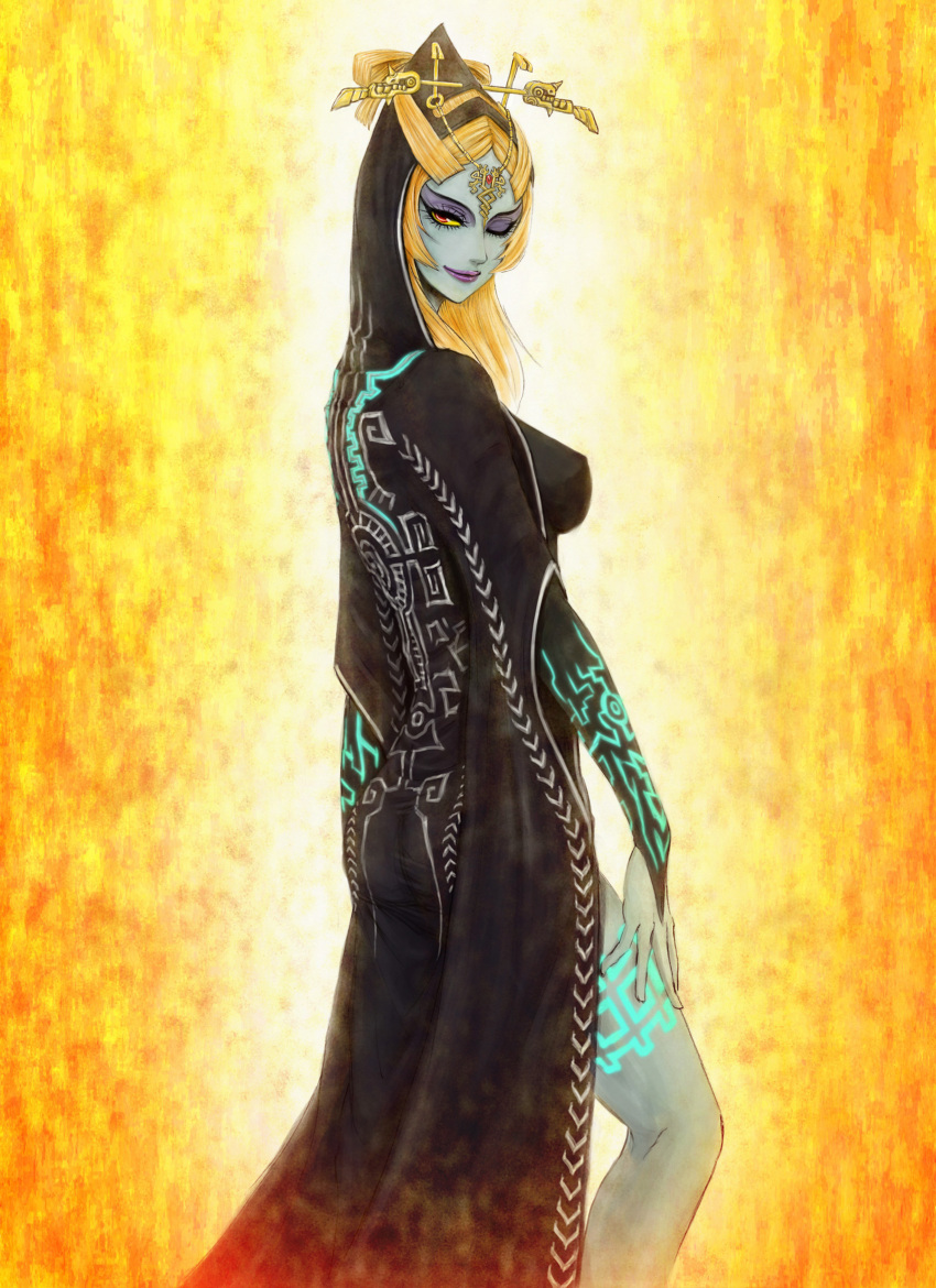 1girl alluring bekio eyeliner high_res hood lipstick makeup medium_breasts midna midna_(true) nintendo orange_eyes orange_hair over_shoulder robe smile spoilers tattoo the_legend_of_zelda the_legend_of_zelda:_twilight_princess twili_midna wink