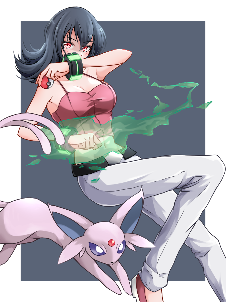 1girl alluring big_breasts black_background black_hair border bracelet camisole cleavage clenched_hand creatures_(company) crop_top energy espeon game_freak gen_2_pokemon glowing glowing_hand high_res holding holding_poke_ball jewelry kakuremino7928 medium_hair midriff natsume_(pokemon) navel nintendo pants pink_footwear pink_shirt poke_ball pokemon pokemon_(creature) pokemon_hgss psychic red_eyes sabrina sabrina_(pokemon) shirt shoes spaghetti_strap white_border white_pants