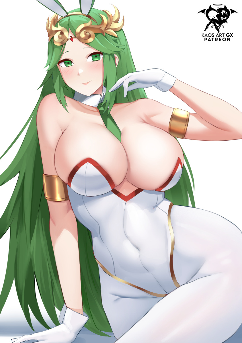 1girl big_breasts cleavage female female_only green_eyes green_hair kaos_art kid_icarus long_hair looking_at_viewer nintendo palutena playboy_bunny_leotard solo