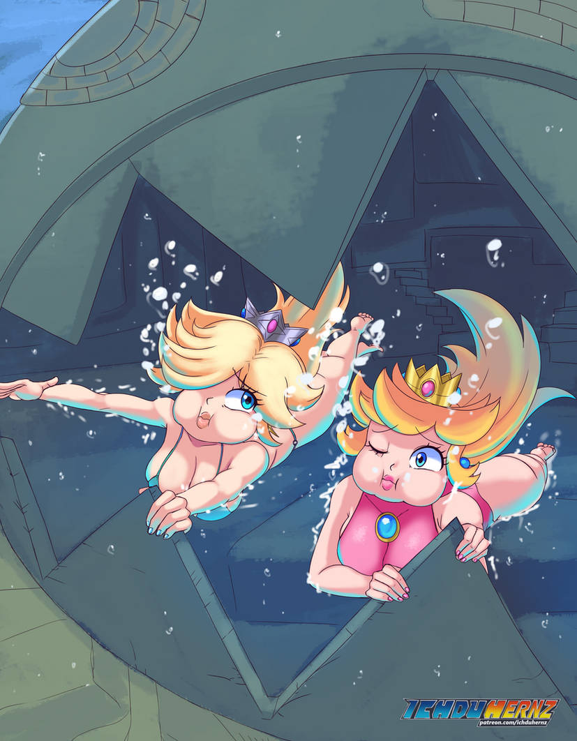 2girls air_bubbles big_breasts bikini female female_only ichduhernz mario_(series) nintendo princess_peach princess_rosalina super_mario_bros. super_mario_galaxy swimming underwater water