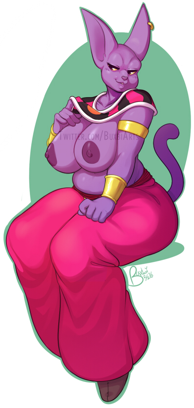 1girl areola big_penis breasts buxbi champa dragon_ball dragon_ball_super egyptian_clothes feline female_champa furry genderswap nipples partially_nude plump presenting presenting_breasts purple_fur seductive seductive_smile slightly_chubby tail topless