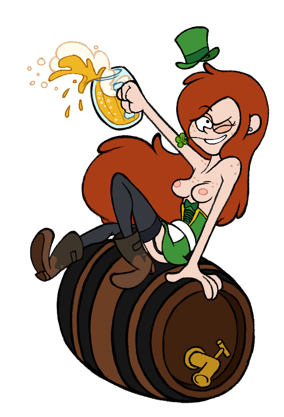 1girl 1girl barrel beer disney disney_channel dushon female_only freckles gravity_falls human red_hair saint_patricks_day small_breasts wendy_corduroy white_background winking_at_viewer