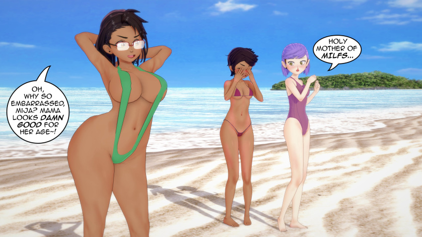 1girl 2024 3_girls 3d 3d_(artwork) amity_blight arms_up beach big_breasts big_breasts big_thighs blue_sky brown_hair camila_noceda curvaceous curvaceous_female curvaceous_figure curvy curvy_body curvy_female dark-skinned_female dark_skin disney disney_channel embarrassed embarrassed_female english_text female_only glasses green_bikini green_swimsuit hispanic hispanic_female hourglass_figure koikatsu large_thighs latina leotard light-skinned_female luz_noceda mature_female milf milf misunderstoodsecrets navel one-piece_swimsuit pink_hair red_bikini short_hair sling_bikini speech_bubble speech_bubbles swimsuit teenagers the_owl_house thick_thighs twitter twitter_link