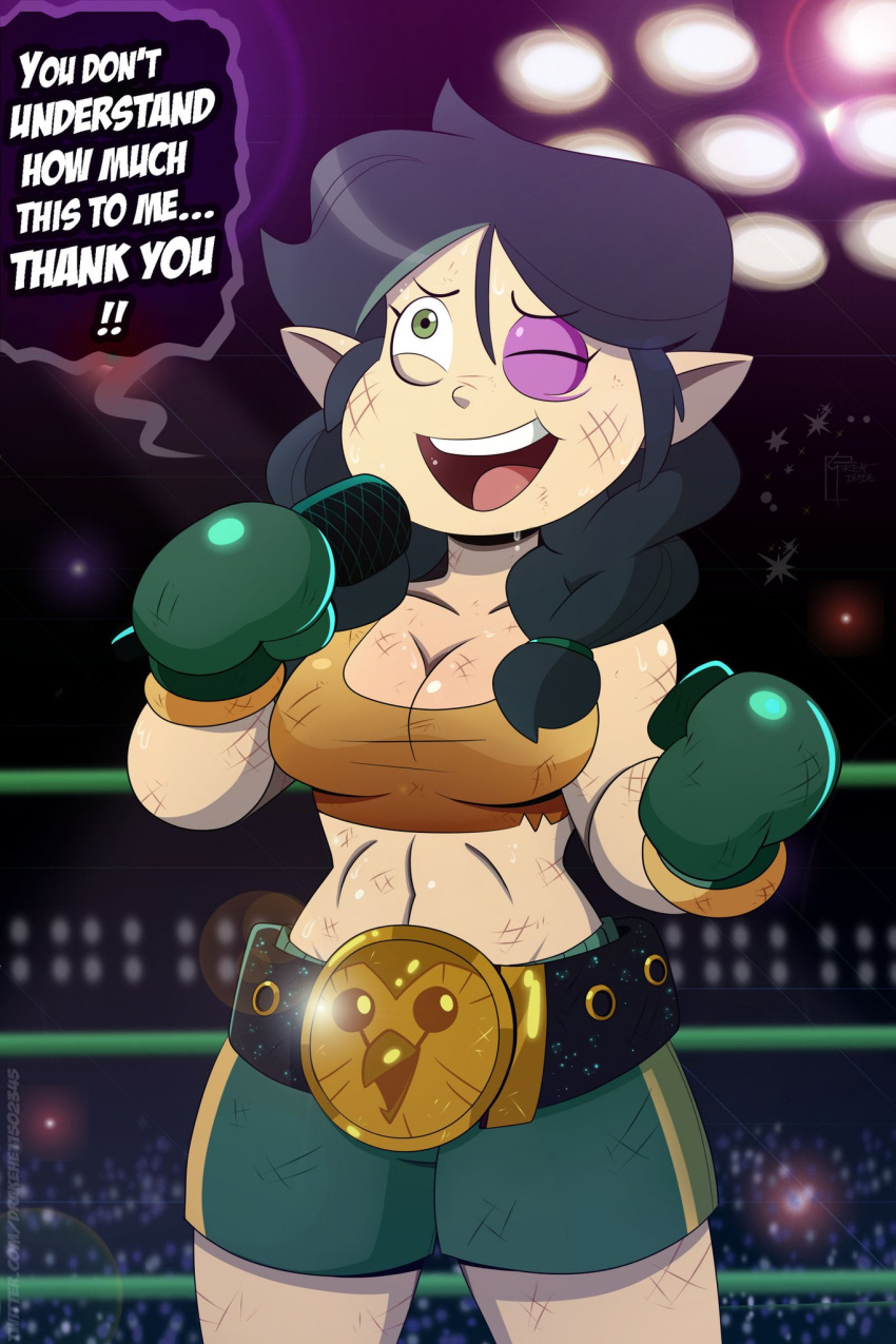 1girl big_breasts black_eye boxing boxing_gloves disney disney_channel disney_xd female_only great_dude microphone muscular_female pointy_ears ponytails straight_hair tagme text the_owl_house thick_thighs wide_hips willow_park wrestling_ring