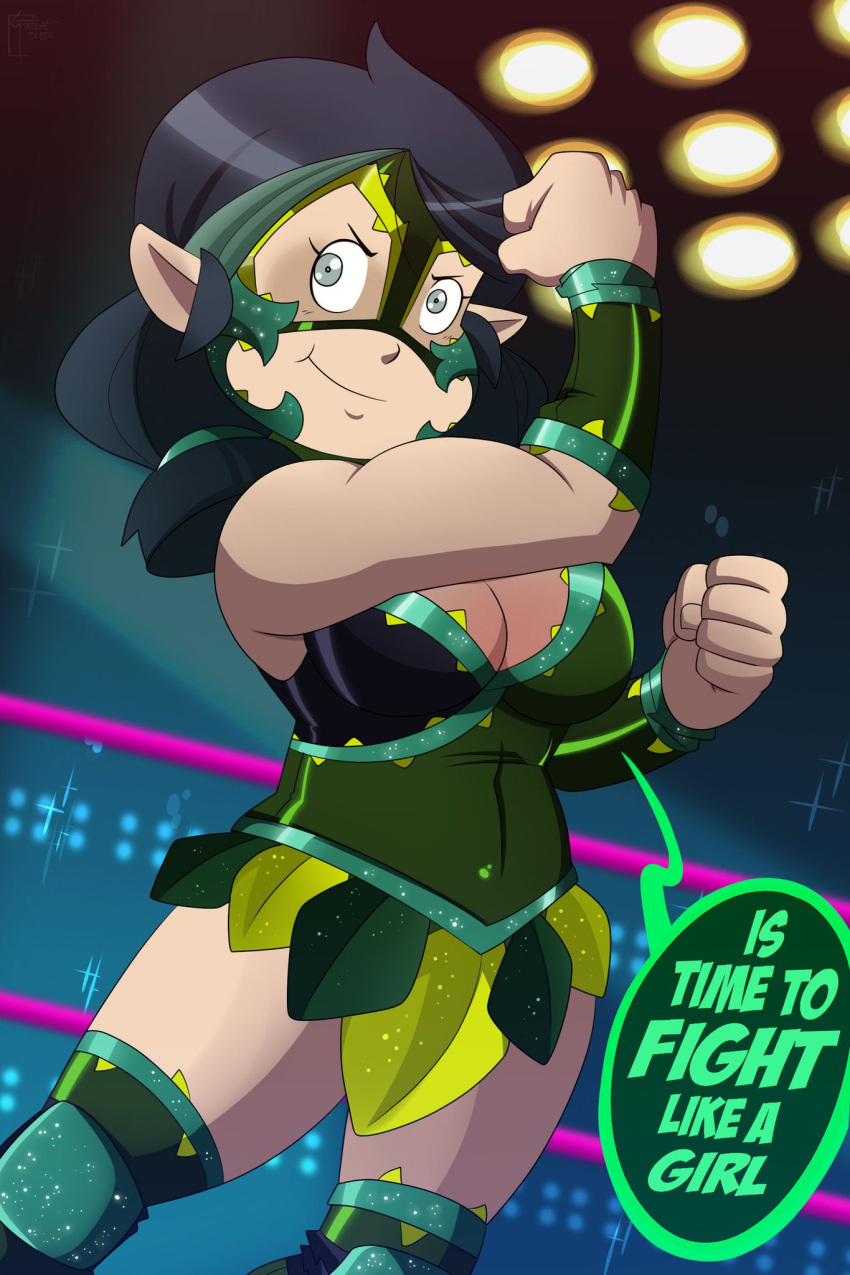 1girl big_breasts disney disney_channel disney_xd female_only great_dude muscular_female pointy_ears ponytails straight_hair tagme text the_owl_house thick_thighs wide_hips willow_park wrestler wrestling_mask wrestling_outfit wrestling_ring