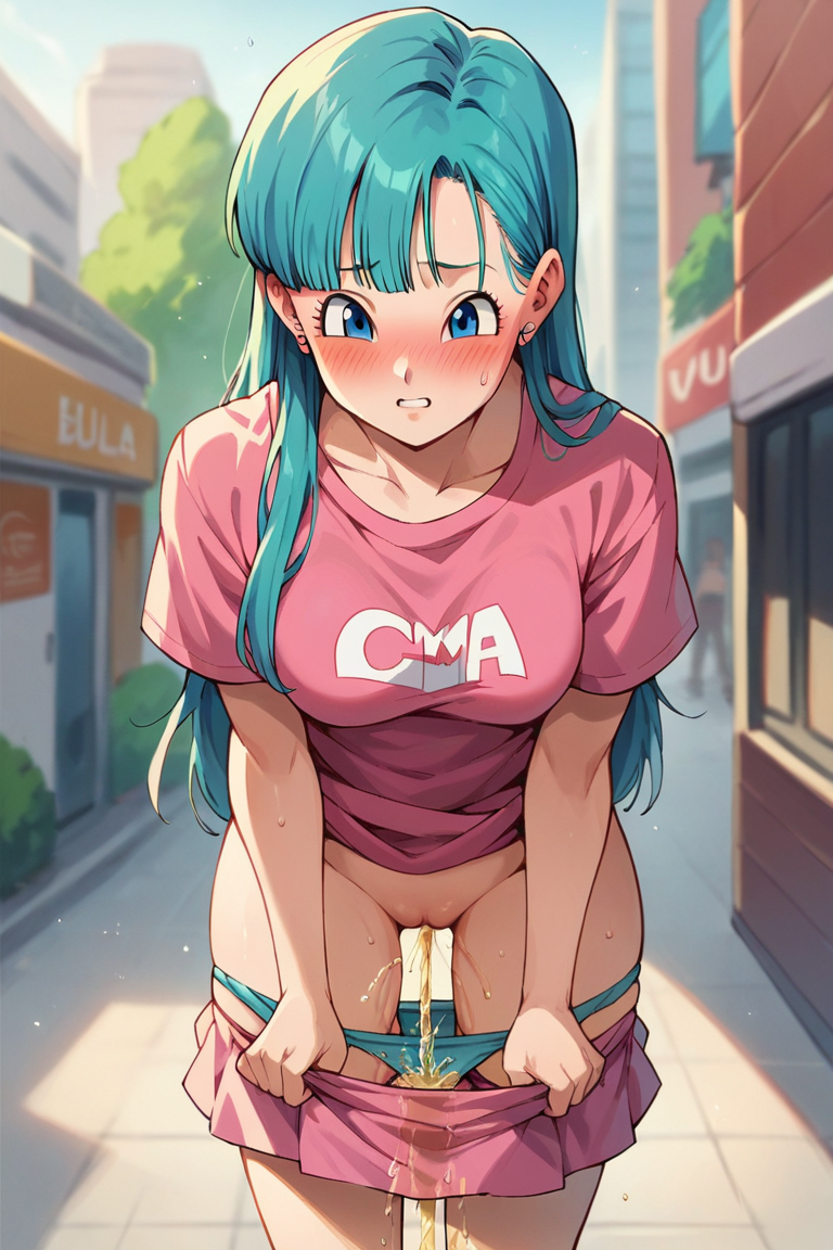 ai_generated blue_eyes blue_hair blush bulma bulma_brief dragon_ball medium_breasts pee peeing pink_clothing pulling_panties_down pussy pussy_dripping skirt_down