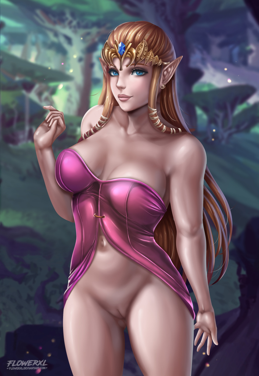 1girl 1girl absurd_res alluring babydoll bare_legs big_breasts brown_hair cleavage crown dress female_focus flowerxl high_res jewelry lingerie long_hair looking_at_viewer naked_from_the_waist_down nintendo princess_zelda purple_dress pussy stockings the_legend_of_zelda the_legend_of_zelda:_twilight_princess underwear video_game_character