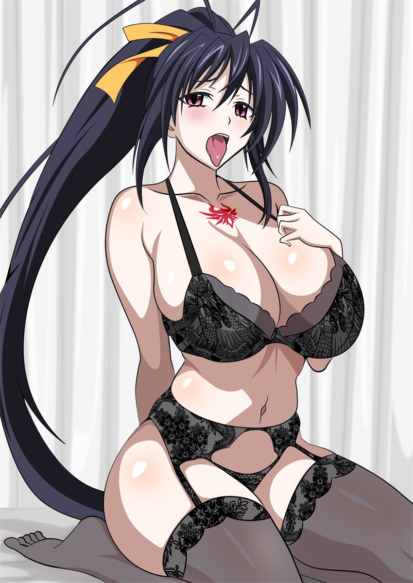 1girl 1girl akeno_himejima alluring big_breasts bra cleavage high_school_dxd lingerie on_knees panties pin_up stockings underwear yxyyxy