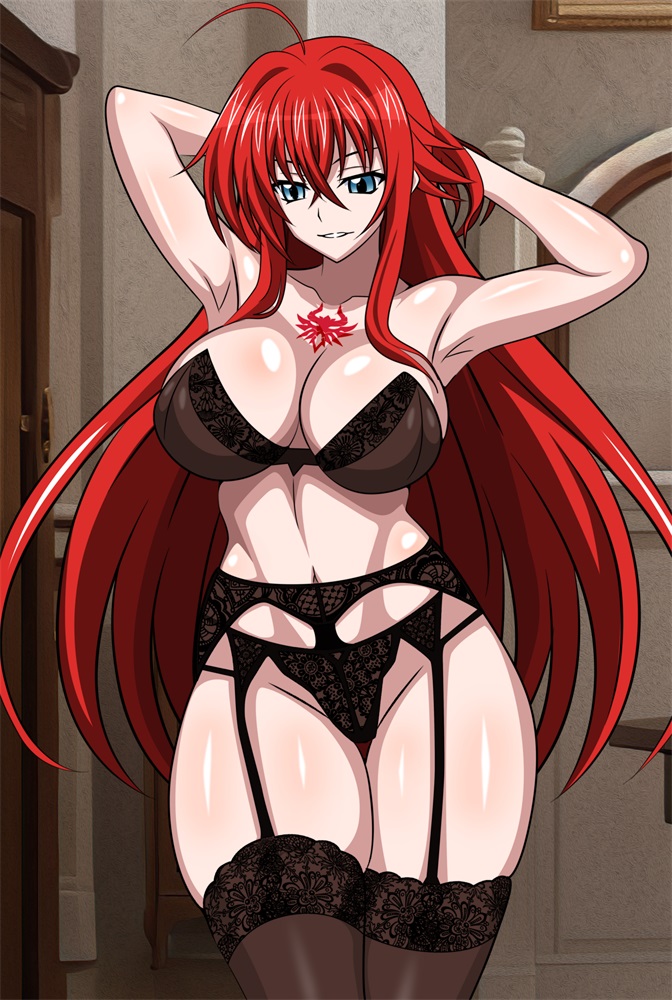 1girl alluring big_breasts blue_eyes bra cleavage high_school_dxd lingerie panties pin_up red_hair rias_gremory stockings underwear yxyyxy