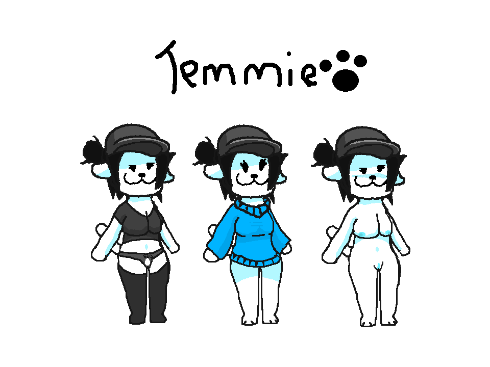 1girl black_eyes black_hair black_legwear black_nose black_panties blue_blush blue_sweater deltarune female_only hair_bun nude_female stockings tail temmie temmie_(deltarune) toby_fox undertale_(series) white_background white_fur