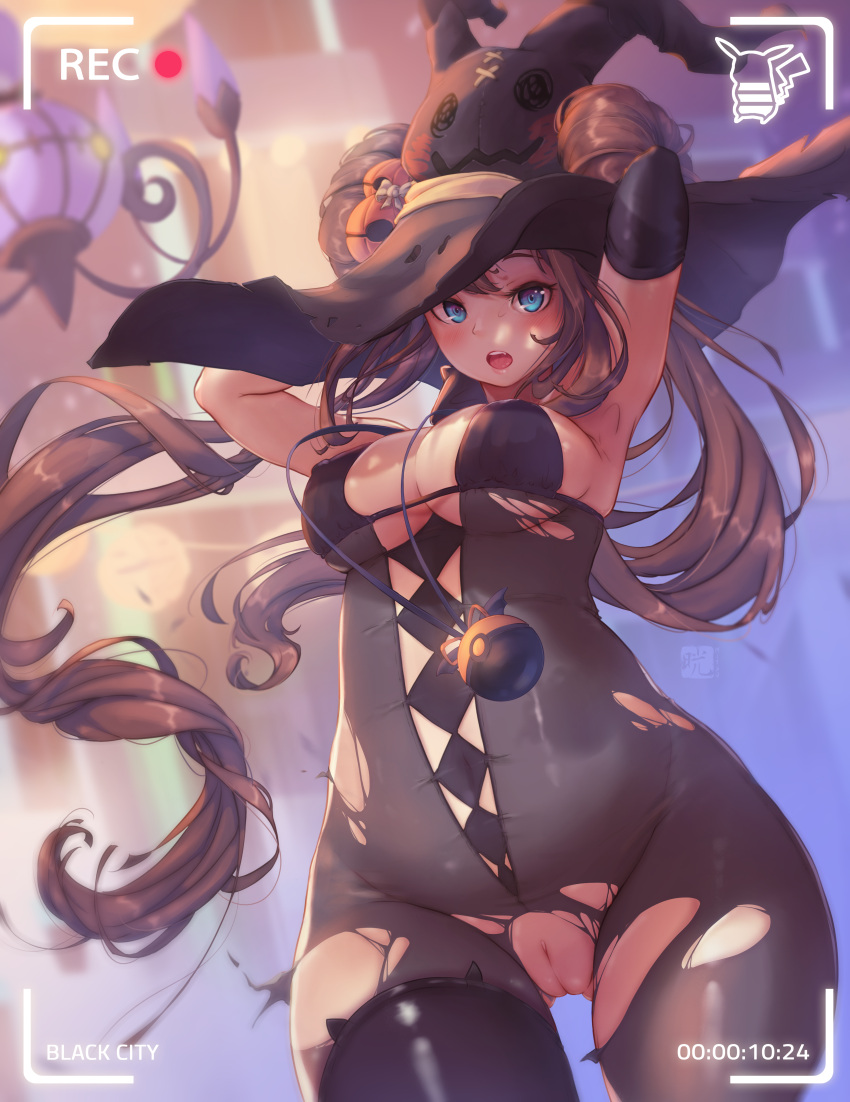 1girl 1girl 1girls big_breasts blue_eyes bodysuit brown_hair camera_pov camera_view chandelure hair_bun halloween halloween_costume human long_hair looking_at_viewer mitsu_(mitsu_art) necklace nintendo pokemon pokemon_bw2 rosa_(pokemon) torn_bodysuit twin_tails under_boob witch_hat