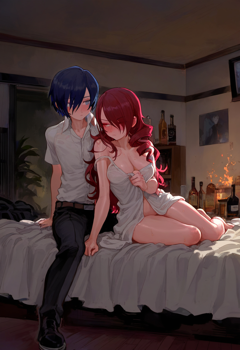 1boy 1girl blue_hair breasts cleavage couple minato_arisato mitsuru_kirijo persona_3 red_hair