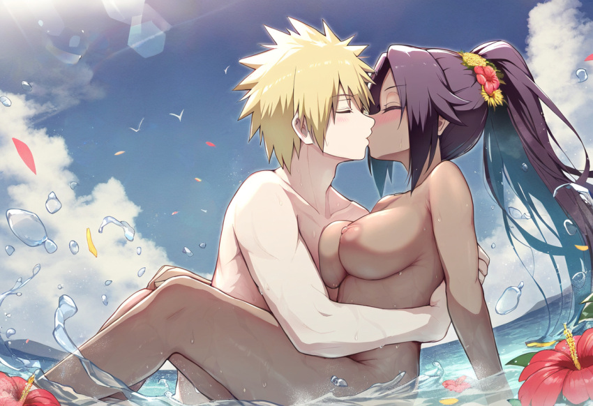 1boy 1girl bleach blonde_hair breasts couple minato_namikaze naruto naruto_(series) naruto_shippuden nipples nude nude_female nude_male purple_hair yoruichi_shihouin