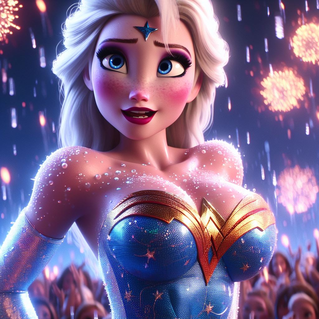 ai_generated big_breasts blonde blonde_female blonde_hair blue_eyes corset disney elsa_(frozen) fireworks frozen_(movie) lock long_hair makeup sleeves wonder_woman wonder_woman_(cosplay)