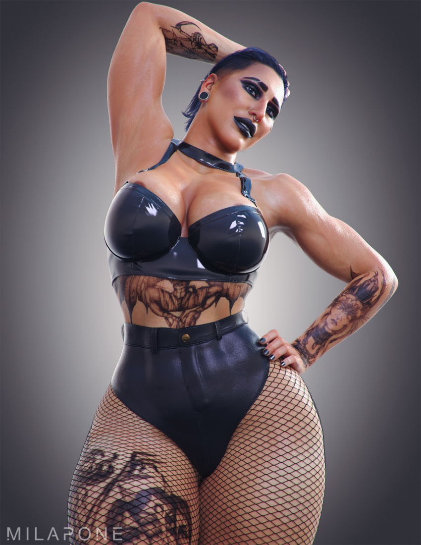 1girl 3d abs alluring ass athletic_female biceps big_ass big_breasts black_hair black_lipstick black_makeup choker female_abs fishnets fit_female flexing lipstick makeup milapone rhea_ripley tattoo tattoos thick_thighs wwe