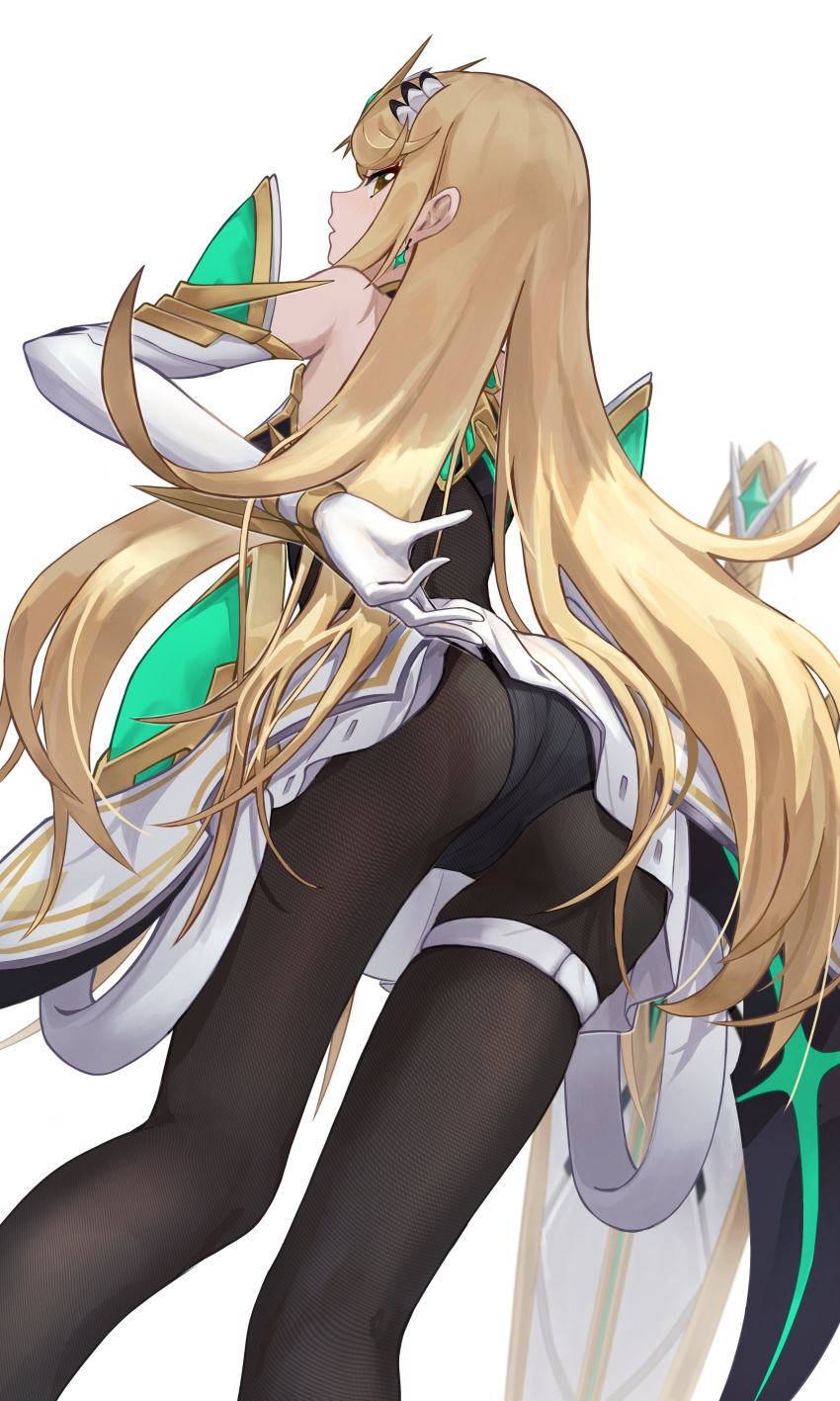 1girl absurd_res alluring ass bare_shoulders black_pantyhose blonde_hair clothes_lift dress dress_lift drop_earrings earrings elbow_gloves from_behind from_below gloves headpiece high_res jewelry lifting_own_clothes long_hair looking_at_viewer looking_back mythra nintendo panties panties_under_pantyhose pantyhose pantyshot standing swept_bangs takahashi_hizumi thigh_strap tiara underwear very_long_hair white_dress white_panties xenoblade_(series) xenoblade_chronicles_2 yellow_eyes