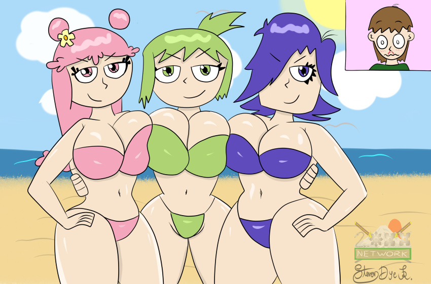 1boy 3_girls ami_onuki beach bedroom_eyes big_breasts bikini blush cartoon_network hi_hi_puffy_amiyumi julie_(hhpay) looking_at_viewer nosebleed original pov standing stevenator-20xx yumi_yoshimura