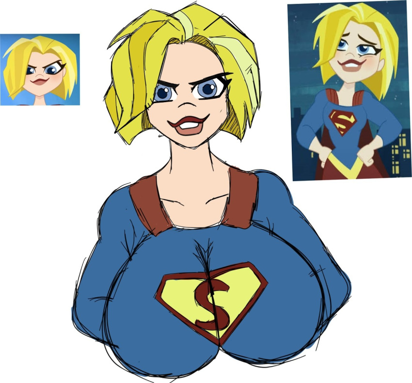 1girl 2020 alternate_breast_size big_breasts big_breasts blue_eyes dc_comics dc_super_hero_girls female_only huge_breasts kara_zor-el screenshot supergirl thedomely white_background