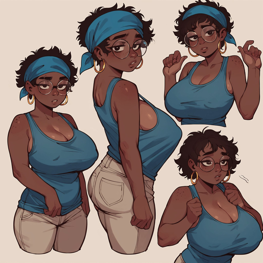 ai_generated big_breasts brown_skin earrings glasses jeans multiple_views non-nude short_hair tank_top various_positions