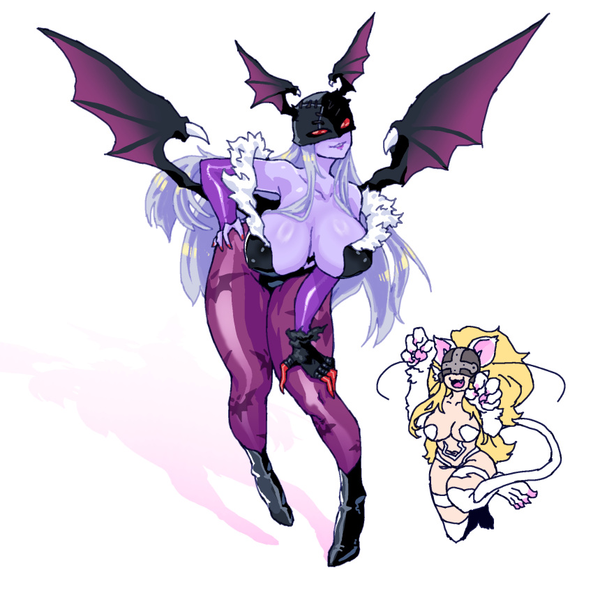 angewomon bat_wings big_breasts cat_girl darkstalkers digimon digimon_(species) felicia_(darkstalkers) head_wings headwings ladydevimon long_hair morrigan_aensland_(cosplay) vampire_savior wings_on_head