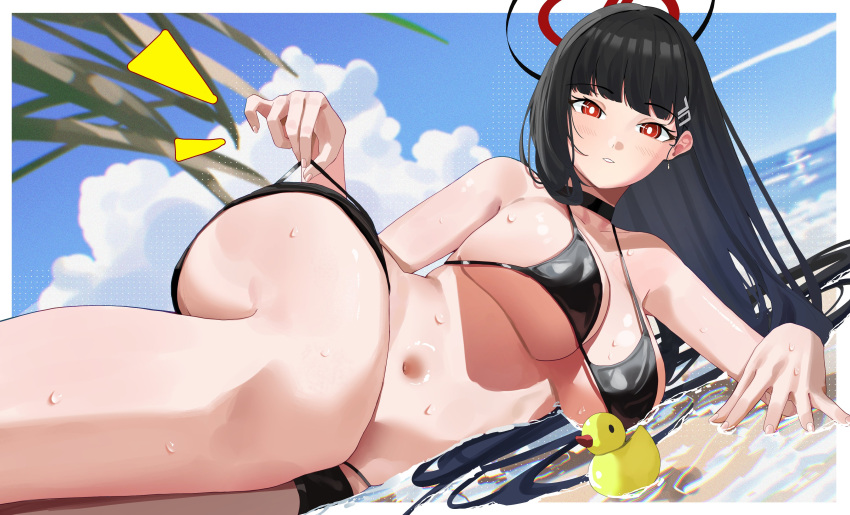 beach big_breasts bikini black_bikini blue_archive lying_on_side millennium_science_school_student pulled_by_self pulling_underwear reclining rio_tsukatsuki_(blue_archive) seminar_(blue_archive) thick_thighs wide_hips