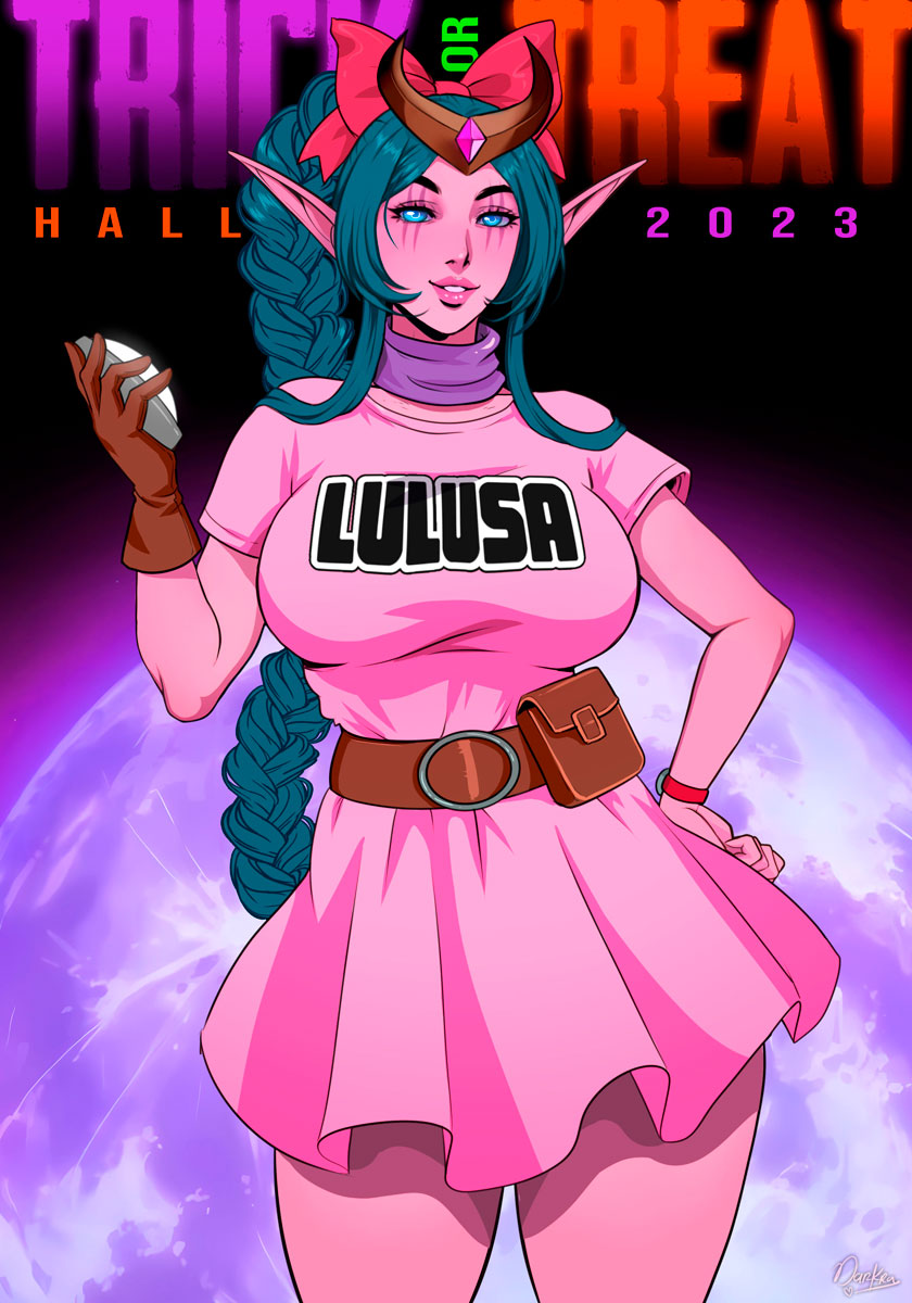 big_breasts blue_eyes blue_hair bulma_brief bulma_brief_(cosplay) character_name cosplay cosplaying darkra dragon_ball elf elf_ears long_hair lulusa_wildmist non-nude oc original_character pink_skin request tag world_of_warcraft