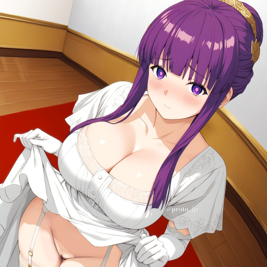 big_breasts dress_lift fern_(sousou_no_frieren) long_hair looking_at_viewer nekom14 no_panties purple_eyes purple_hair pussy sousou_no_frieren