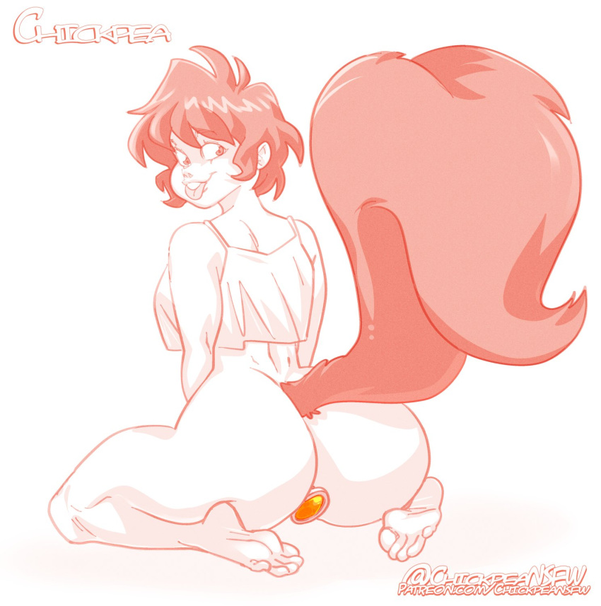 1girl 1girl 1girls 2022 anal ass buckteeth buttplug cartoony chickpea crop_top dimples_of_venus feet female_only fluffy_tail freckles humanoid jewel_buttplug marvel marvel_comics monochrome orange_theme short_hair squirrel squirrel_girl_(marvel) squirrel_tail tongue tongue_out white_background