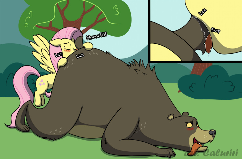 1girl anal bear blush brown_body brown_fur caluriri closed_eyes cutie_mark duo equid equine feral fluttershy_(mlp) friendship_is_magic fur hair harry_(mlp) harry_the_bear_(mlp) hasbro horse male male/female mammal my_little_pony oral pegasus pink_hair pink_tail plant rimming scut_tail sex short_tail signature sound_effects tail_fellatio tail_suck teeth tongue tongue_out tree ursid wings zoophilia