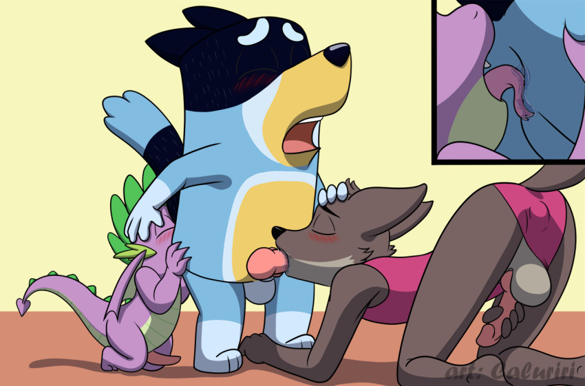 3boys anal animal_genitalia animal_penis anthro anthro_on_anthro balls bandit_heeler black_nose bluey_(series) buttplug buttplug_in_swimsuit buttplug_under_swimsuit caluriri canid canine canine_genitalia canine_penis canis crossdressing crossdressing_male crossover domestic_dog dragon dreamworks fellatio friendship_is_magic furry hasbro knot male male/male male_only mammal masturbating_during_fellatio masturbation masturbation mr._wolf_(the_bad_guys) my_little_pony one-piece_swimsuit one-piece_swimsuit oral penis rimming spike_(mlp) spikes tail the_bad_guys wings wolf yaoi