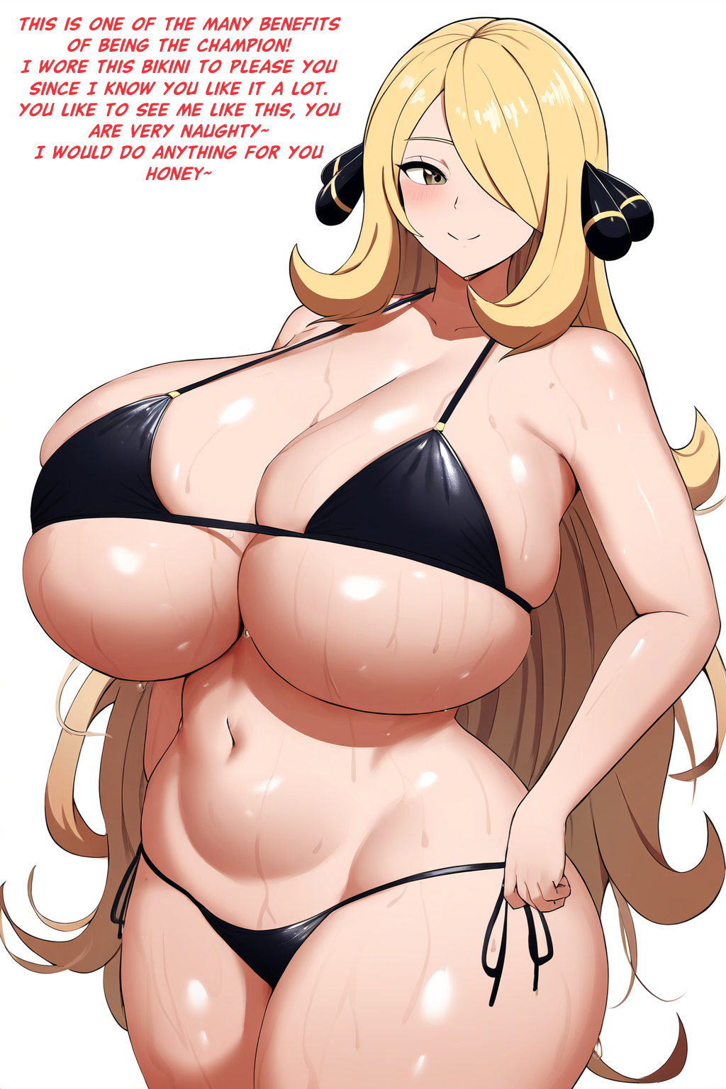 1girl 1girl ai_art ai_generated bikini blonde blonde_female blonde_hair curvy cynthia_(pokemon) edit english_text huge_breasts looking_away mature mature_female novelai plump pokemon self_upload solo_female sweat text white_background