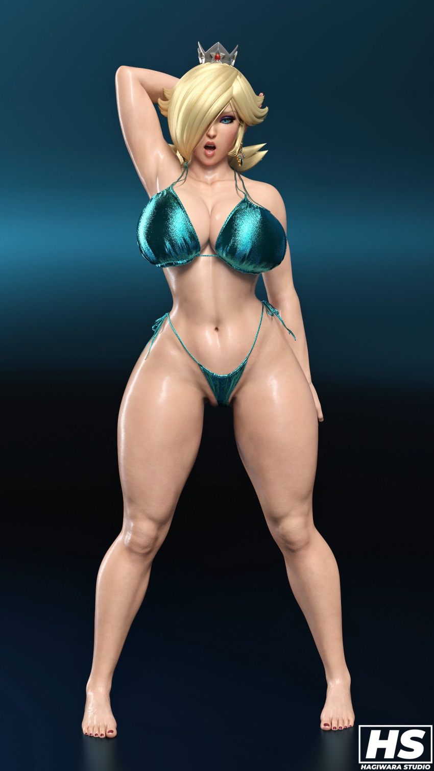 1girl 3d alluring ass big_ass big_breasts bikini blonde_hair blue_eyes female_only hagiwara_studio hair_over_one_eye long_hair looking_at_viewer mario_(series) navel nintendo princess_rosalina rosalina super_mario_bros. swimsuit thick_thighs voluptuous