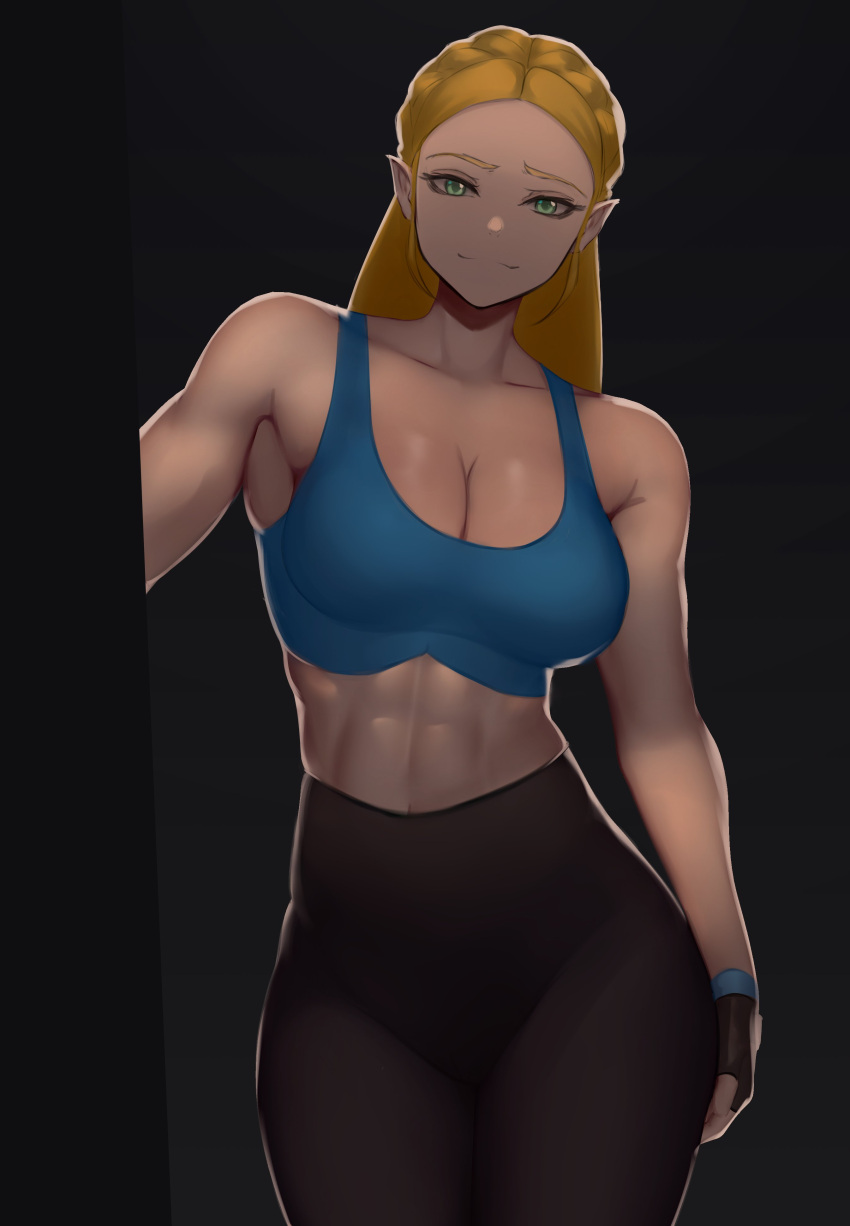 1girl abs absurd_res alluring athletic_female black_background blonde_hair cleavage demigoddess female_abs female_only fingerless_gloves fit fit_female green_eyes hylian long_hair looking_at_viewer nintendo pointy_ears princess princess_zelda royalty solo_female sportswear the_legend_of_zelda workout_clothes yoga_pants zaki_btw