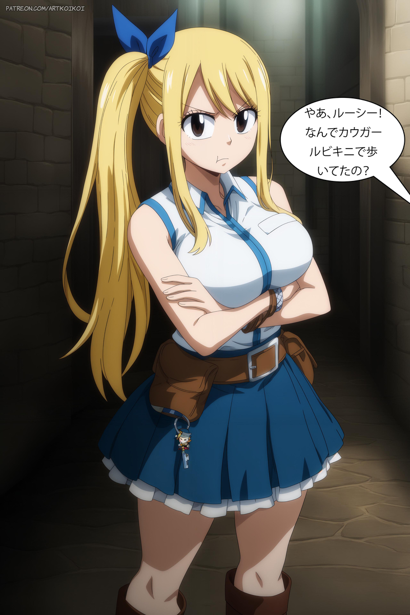 1girl ai_generated artkoikoi big_breasts blonde_hair breasts fairy_tail hair_ornament large_breasts long_hair lucy_heartfilia miniskirt pervert pervert_female sex_invitation sexually_suggestive skirt tagme