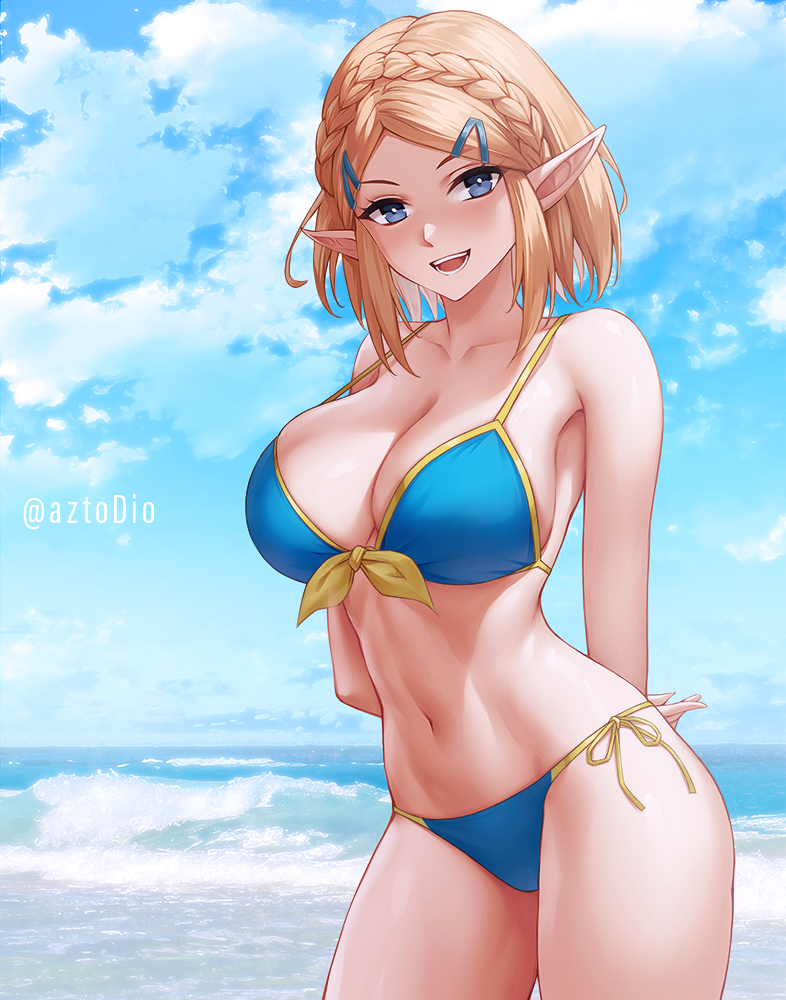 1girl alluring arms_behind_back azto_dio aztodio bare_shoulders beach big_breasts bikini blonde_hair blue_bikini blue_eyes blue_sky blush cleavage collarbone hair_ornament hairclip looking_at_viewer navel nintendo ocean open_mouth parted_bangs pointy_ears princess_zelda shore short_hair sidelocks sky smile swimsuit the_legend_of_zelda the_legend_of_zelda:_tears_of_the_kingdom thighs