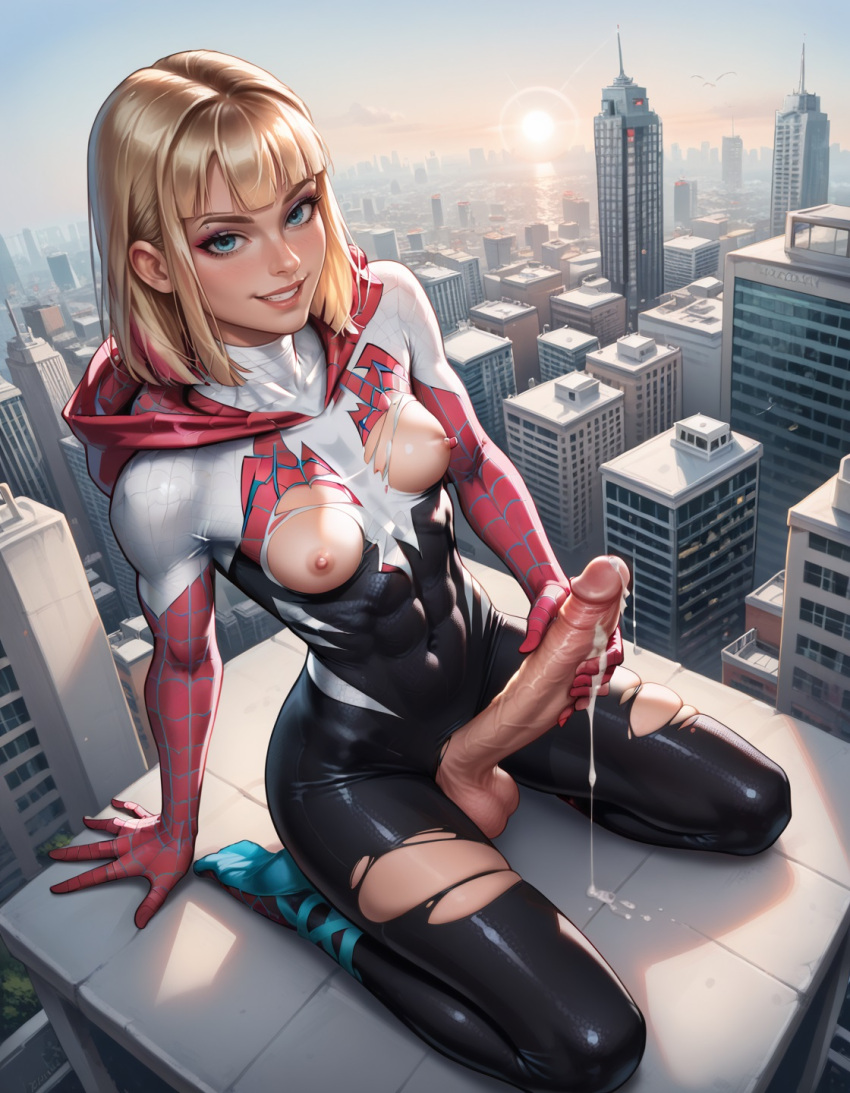 ai_generated ballet_slippers big_penis blonde blonde_female blonde_hair blue_eyes bodysuit breasts breasts_out_of_clothes breasts_outside cum dripping_semen futanari grabbing_own_penis gwen_stacy hood huge_cock huge_penis looking_at_viewer marvel marvel_comics nipple_slip nipples pink_nipples short_hair small_breasts smile smiley_face spider-gwen torn_clothes