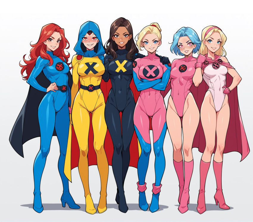 ai_generated belt blonde blonde_female blonde_hair blue_eyes blue_hair bodysuit breasts brown_eyes brown_hair brown_skin cape clothed_female female_only hairband heeled_shoes hood light_skin long_hair looking_at_viewer medium_hair multiple_girls non-nude pink_eyes redhead short_hair superhero_costume superheroine various_characters