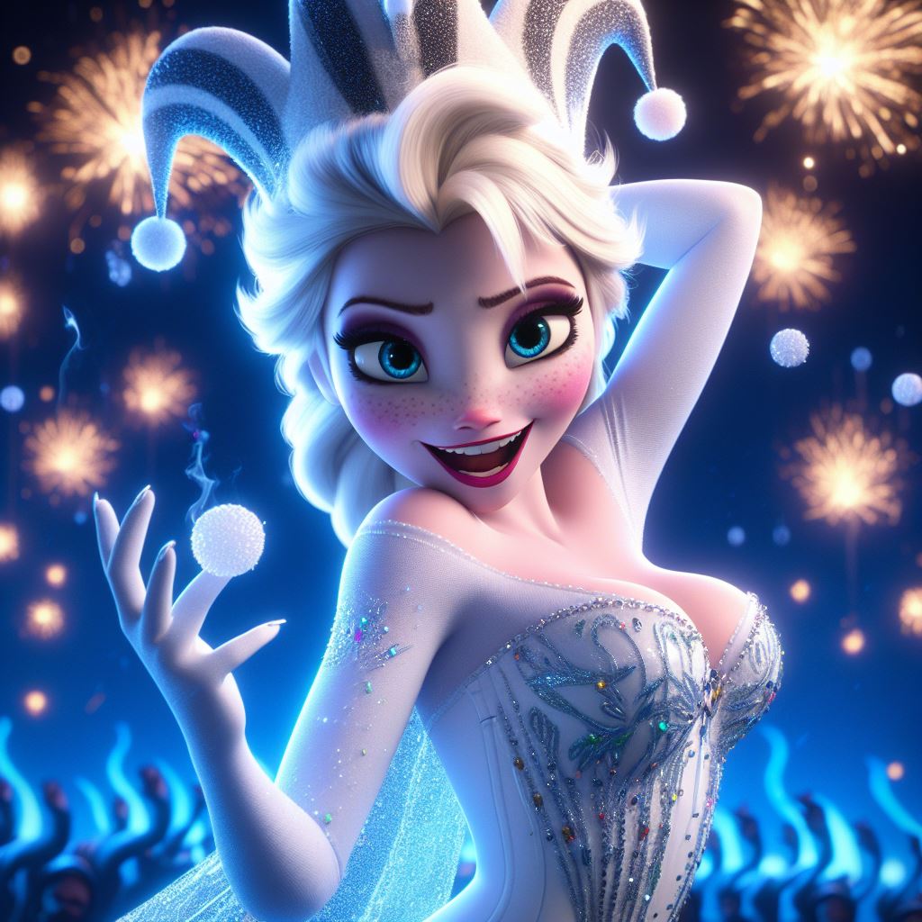 ai_generated big_breasts blonde_hair blue_eyes bodysuit braid disney elsa_(frozen) fireworks frozen_(movie) hand_on_head harlequin harlequin_hat lipstick long_hair looking_at_viewer makeup night sleeves