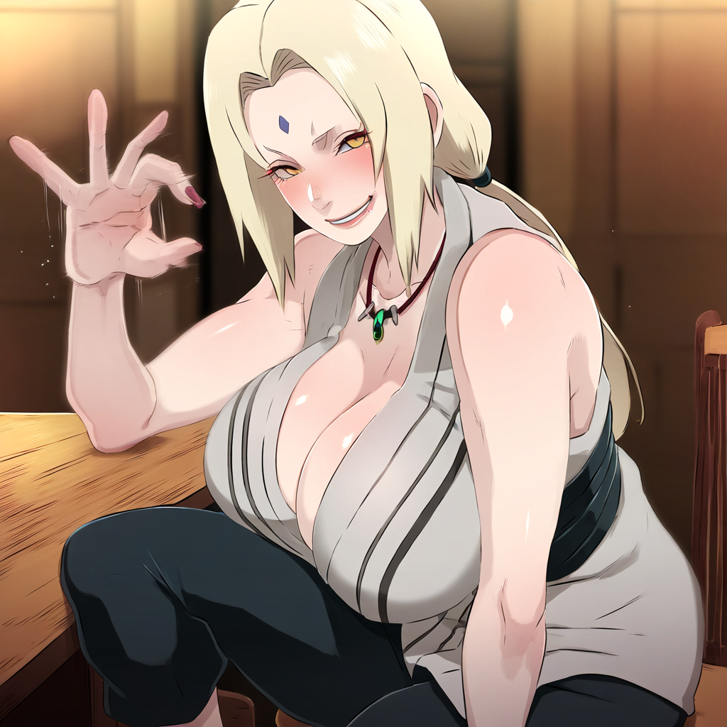 ai_generated big_breasts blonde_hair breasts hair_ornament handjob handjob_gesture large_breasts long_hair mature_female pervert pervert_female prostitution sex_invitation sexually_suggestive smile tagme tsunade