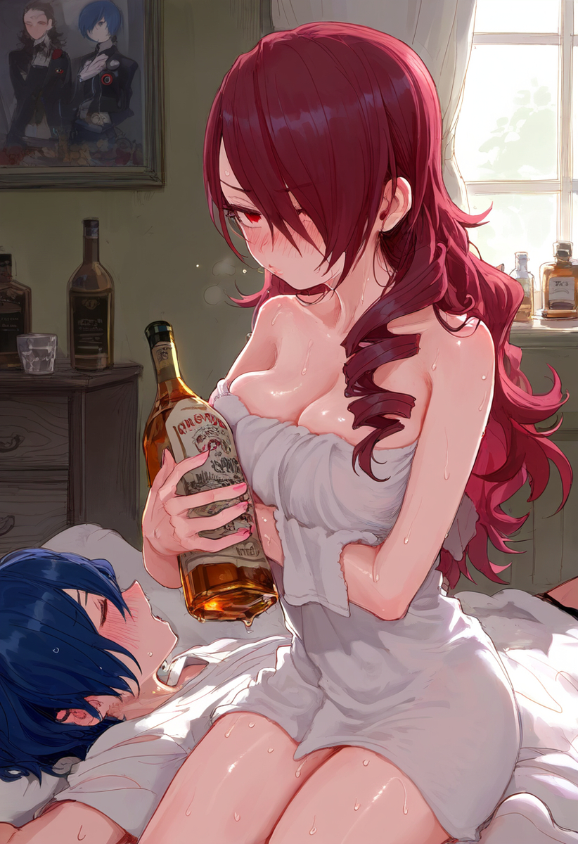 1boy 1girl blue_hair breasts cleavage couple minato_arisato mitsuru_kirijo persona_3 red_hair