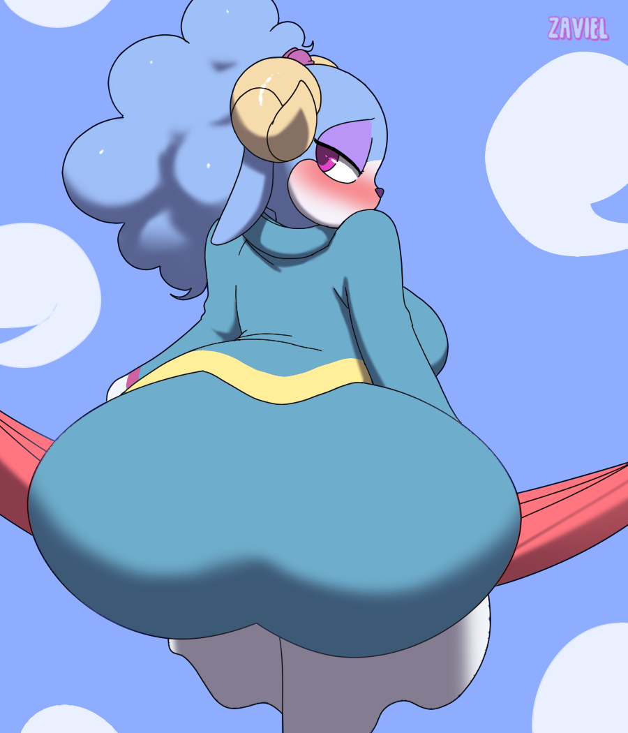 1girl 1girl 2023 anthro arched_back ariem ass ass_focus backboob big_ass blue_fur blue_hair blush bovid breasts caprine clothed dress eyeshadow hairband horns looking_at_viewer looking_back makeup mammal pink_eyes purple_eyeshadow rear_view sega sheep sitting sonic_dream_team sonic_the_hedgehog_(series) viewed_from_behind zaviel